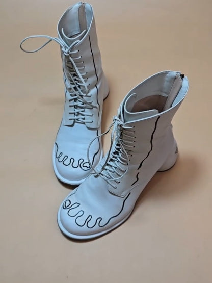 White Lace-Up Combat Boots With Black Wire-Style Trim