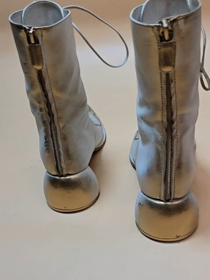 White Lace-Up Combat Boots With Black Wire-Style Trim