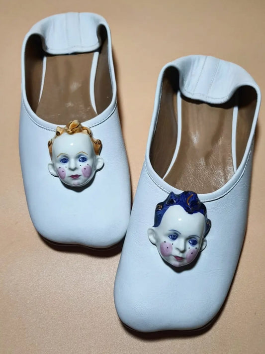 Leather Slip-On Shoes With Ceramic Face Embellishments