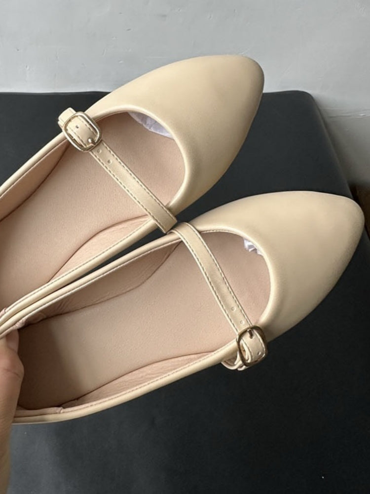 Cream Pointed-Toe Flats With Buckle Strap
