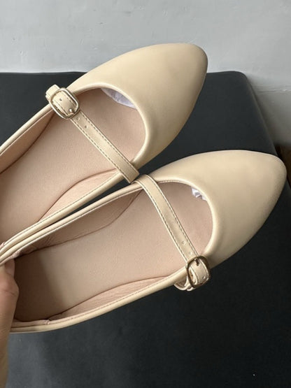 Cream Pointed-Toe Flats With Buckle Strap
