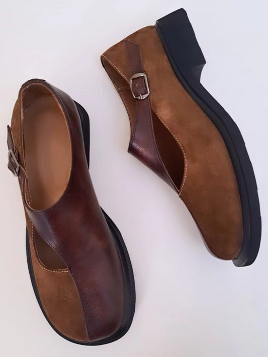 Two-Tone Distressed Leather Mary Jane Boots