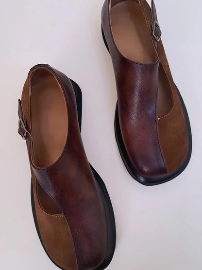 Two-Tone Distressed Leather Mary Jane Boots