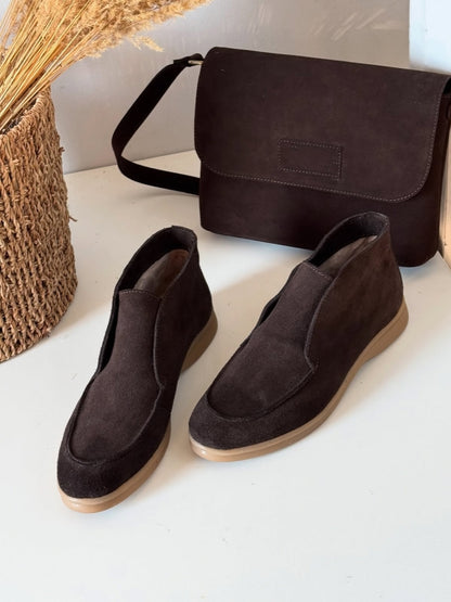 Matte Suede Moc-Toe Ankle Boots