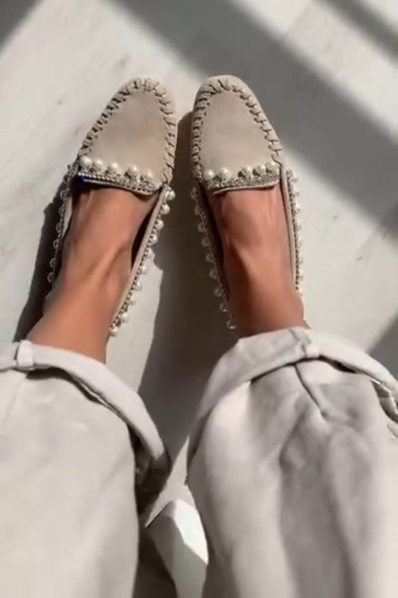 Pearl-Embellished Suede Moccasin Loafers