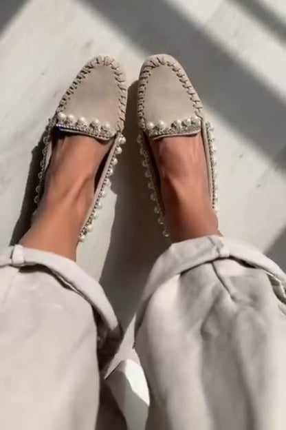 Pearl-Embellished Suede Moccasin Loafers