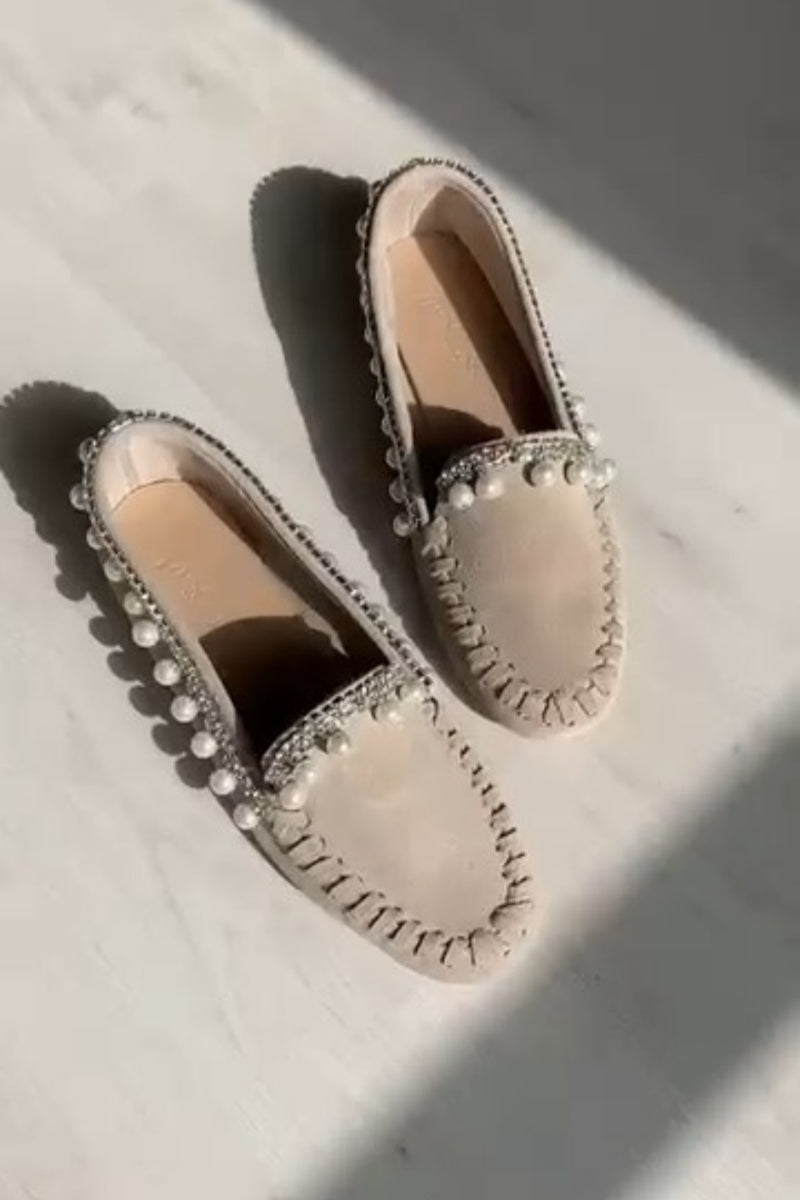 Pearl-Embellished Suede Moccasin Loafers
