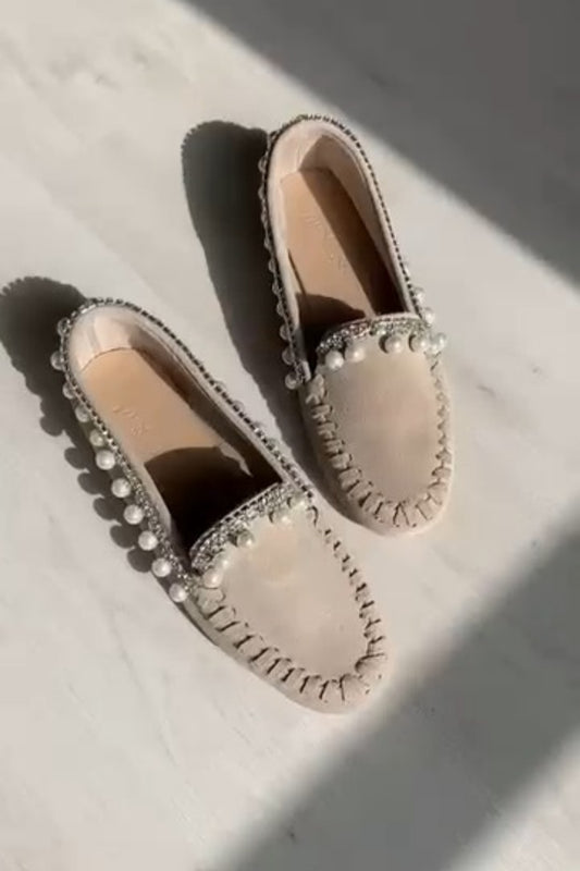 Pearl-Embellished Suede Moccasin Loafers