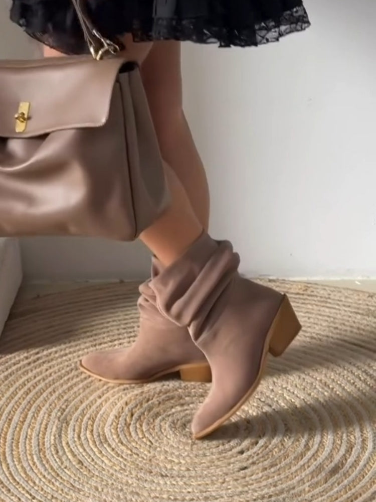 Taupe Slouchy Suede Boots With Block Heel