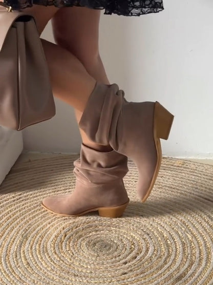 Taupe Slouchy Suede Boots With Block Heel