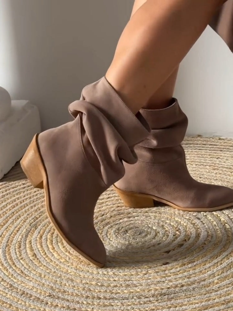 Taupe Slouchy Suede Boots With Block Heel