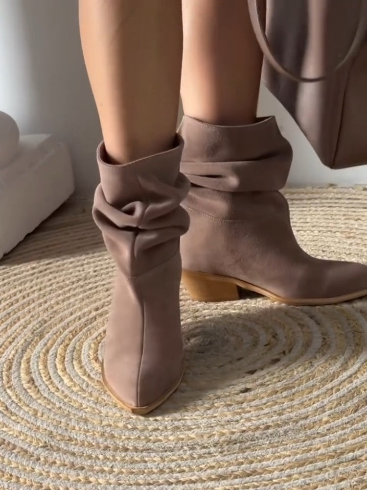 Taupe Slouchy Suede Boots With Block Heel