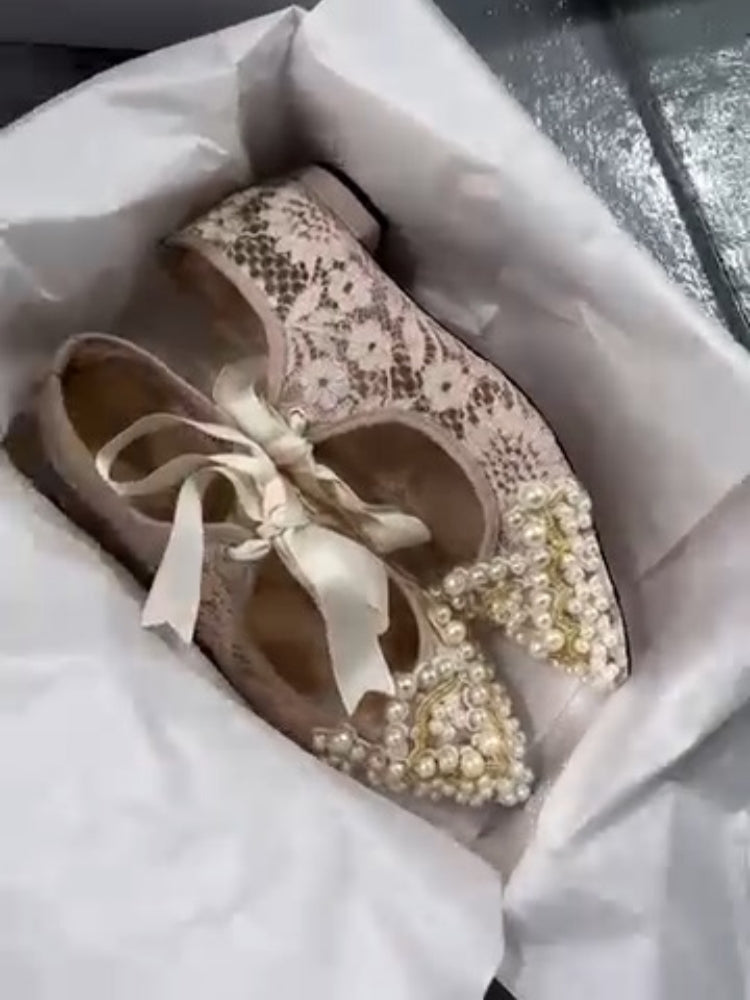 Pearl-Embellished Lace Heels
