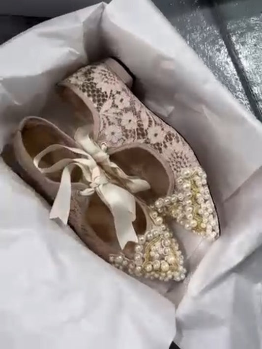 Pearl-Embellished Lace Heels