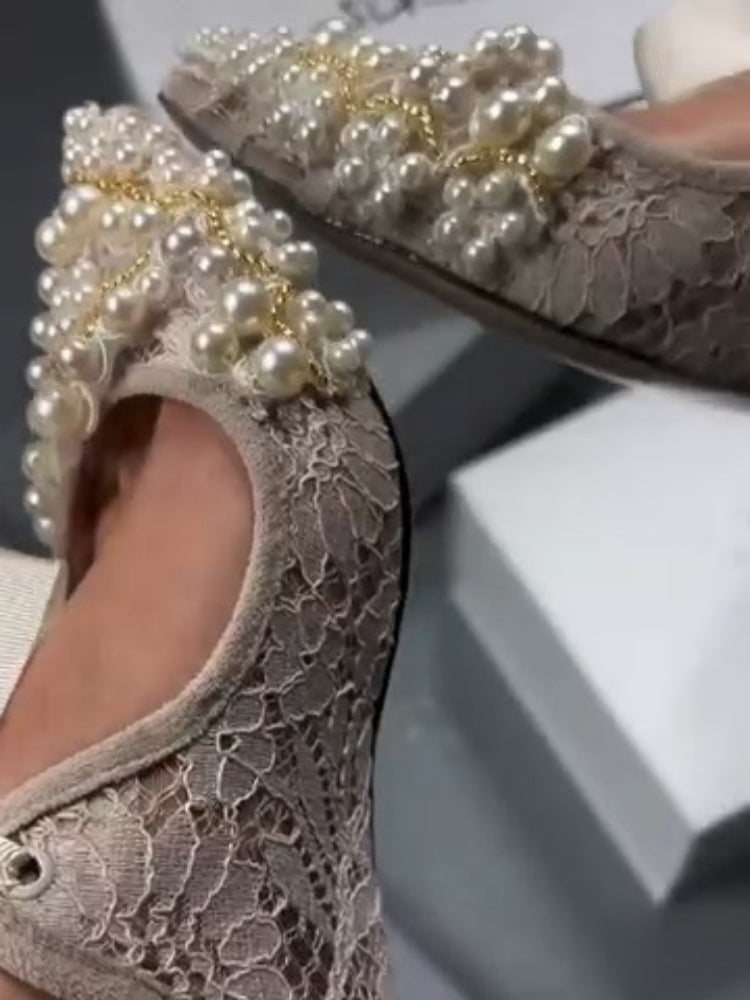 Pearl-Embellished Lace Heels
