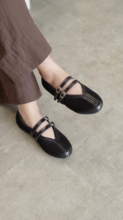 Leather Mary Jane Flats With Straps