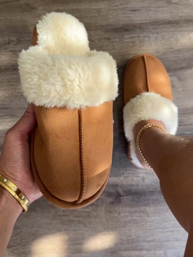 Tan Wool-Lined Moccasin Slippers