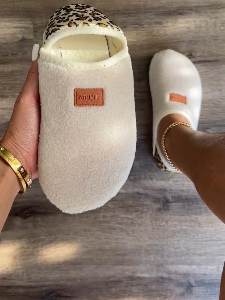 Cream Fur Slip-On Mules With Leopard Trim