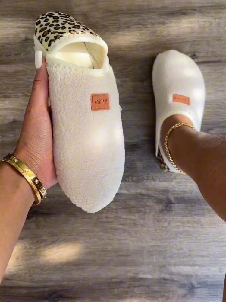 Cream Fur Slip-On Mules With Leopard Trim