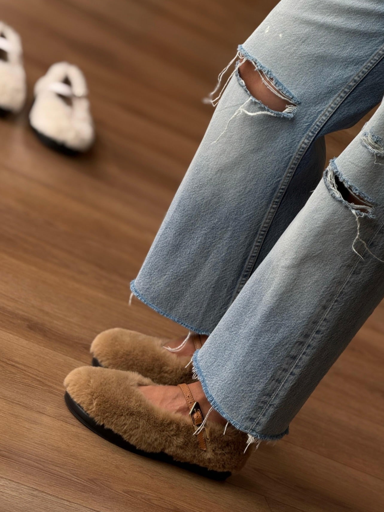 Faux Fur Mary Jane Slippers With Straps