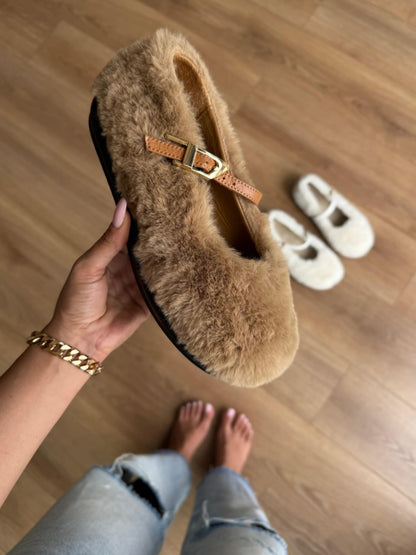 Faux Fur Mary Jane Slippers With Straps