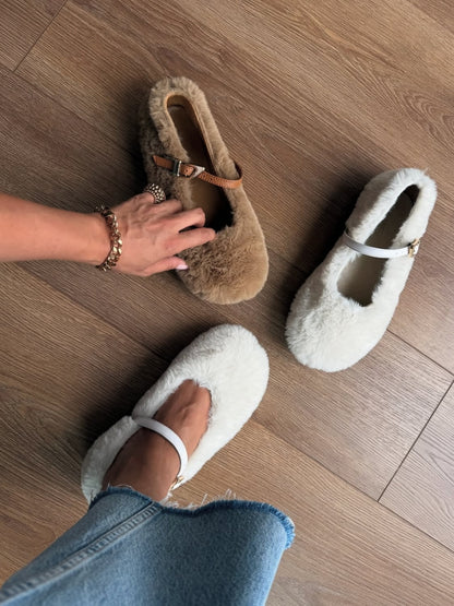 Faux Fur Mary Jane Slippers With Straps