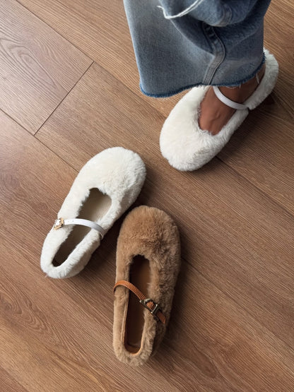 Faux Fur Mary Jane Slippers With Straps