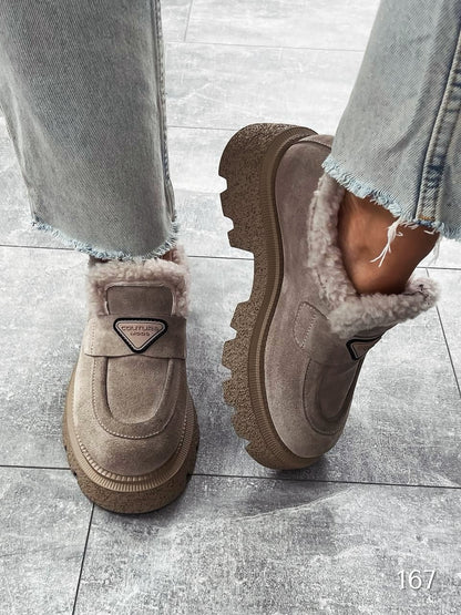Beige Faux-Fur-Lrench Platform Boots