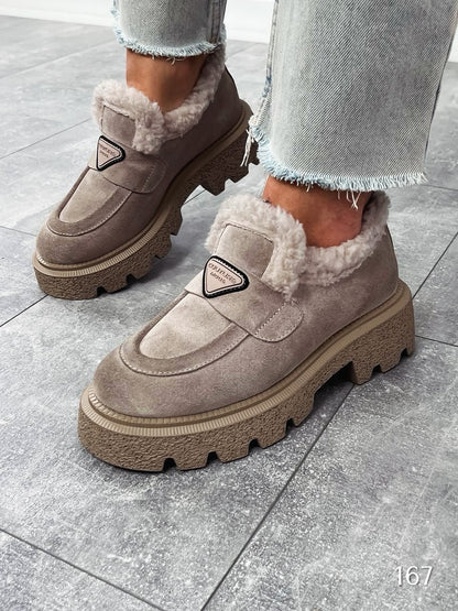 Beige Faux-Fur-Lrench Platform Boots