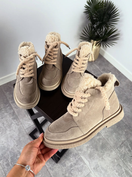 Taupe Suede Fur-Laced Boots