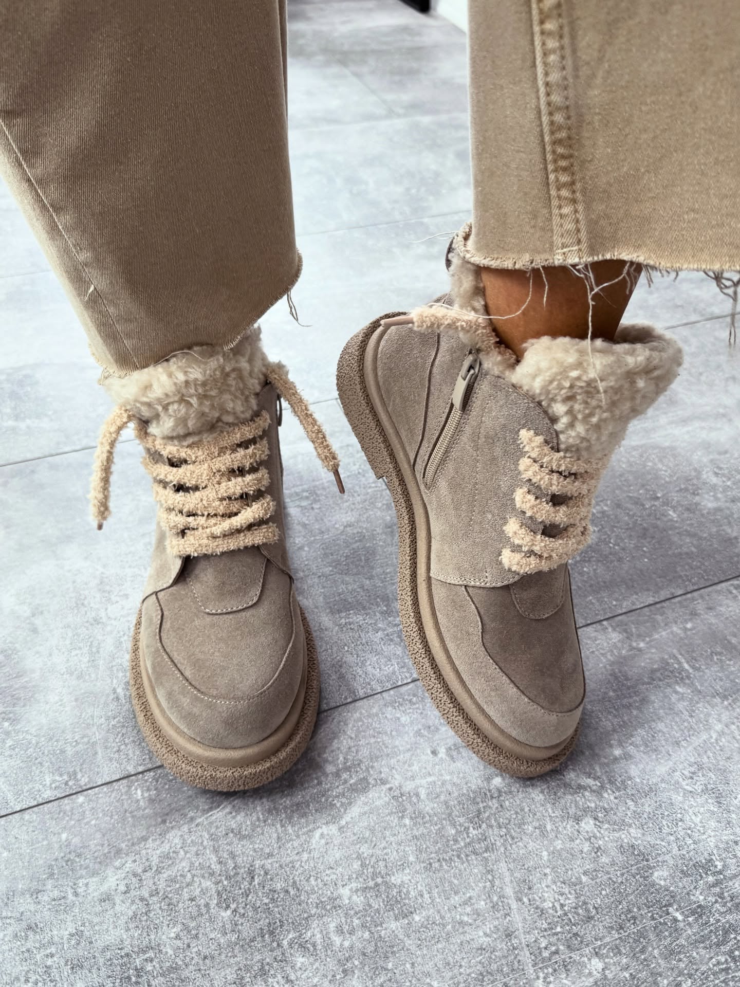 Taupe Suede Fur-Laced Boots