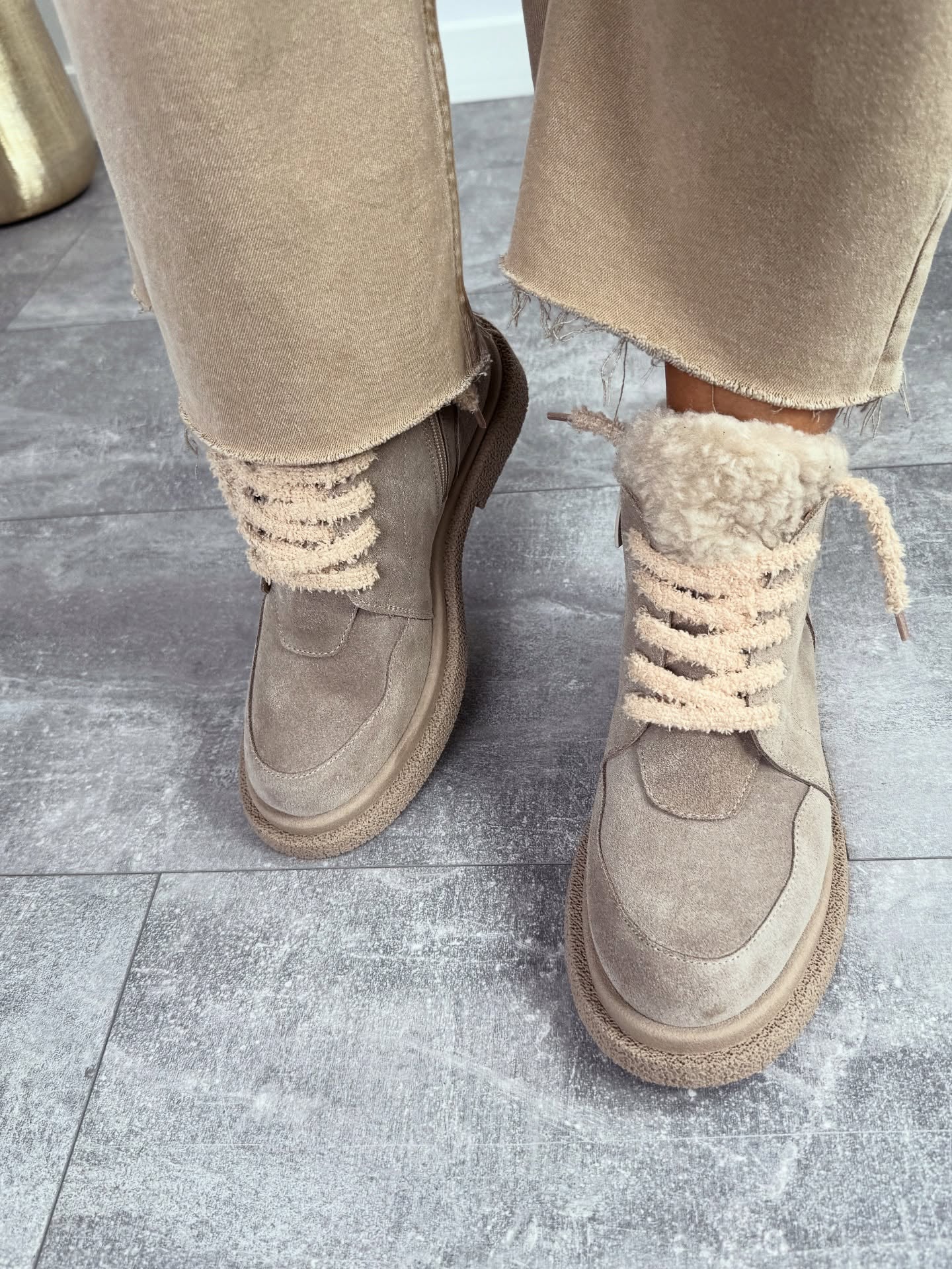 Taupe Suede Fur-Laced Boots