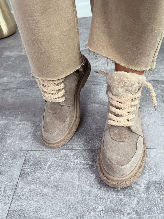 Taupe Suede Fur-Laced Boots