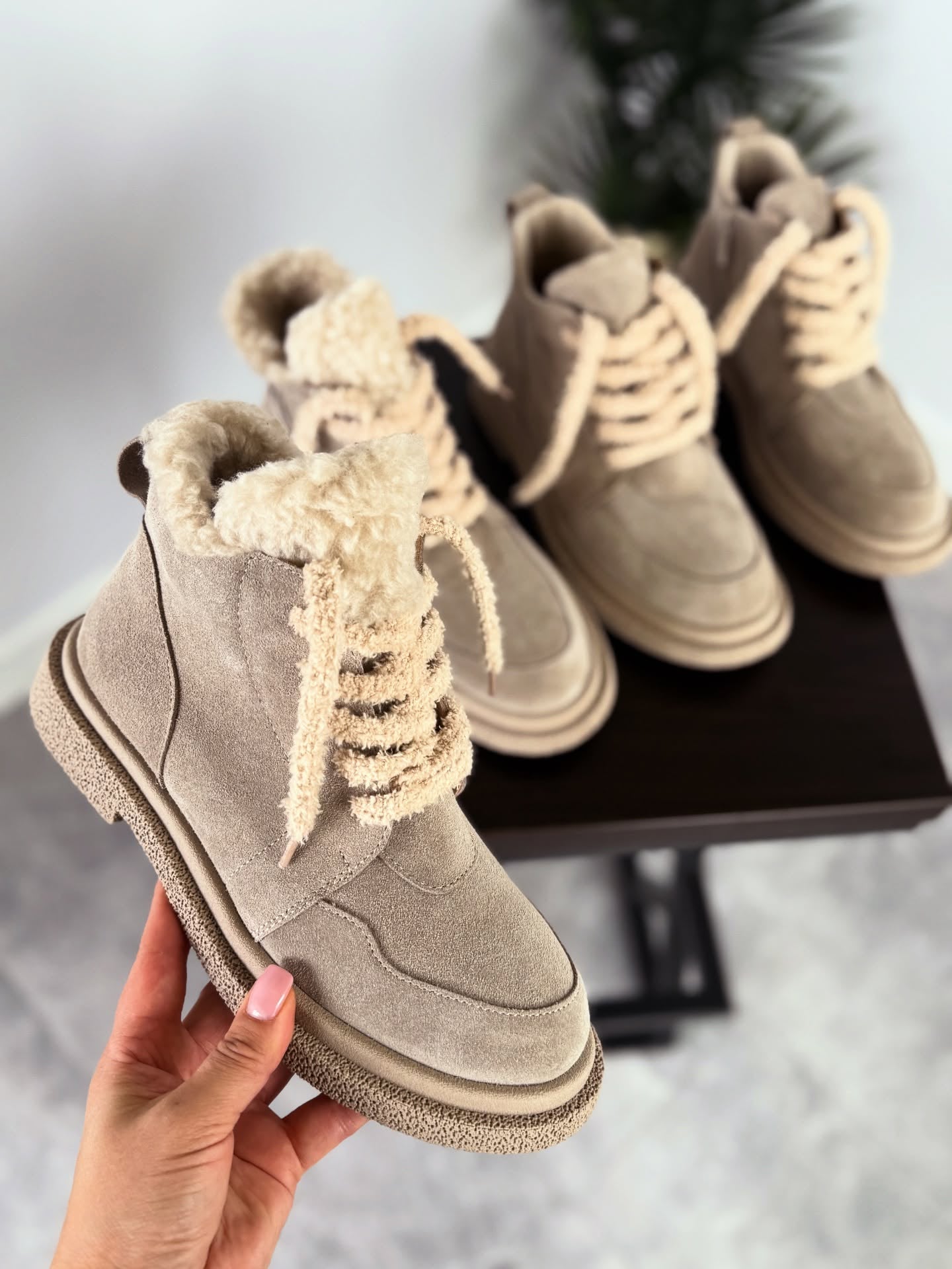 Taupe Suede Fur-Laced Boots