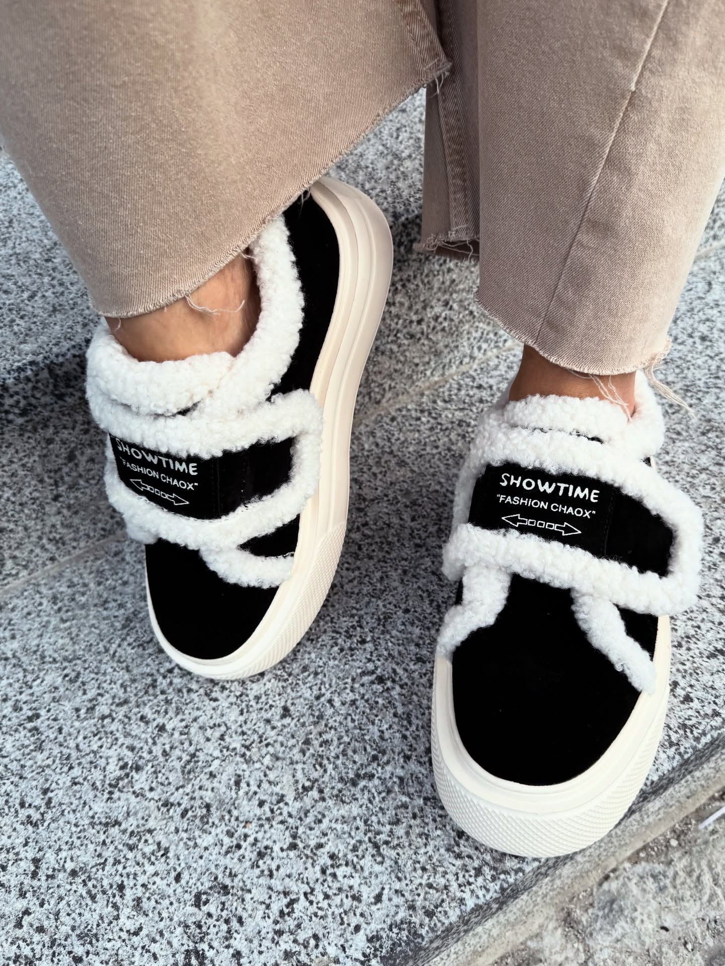 Black-and-White Fur-Trim Platform Slip-Ons