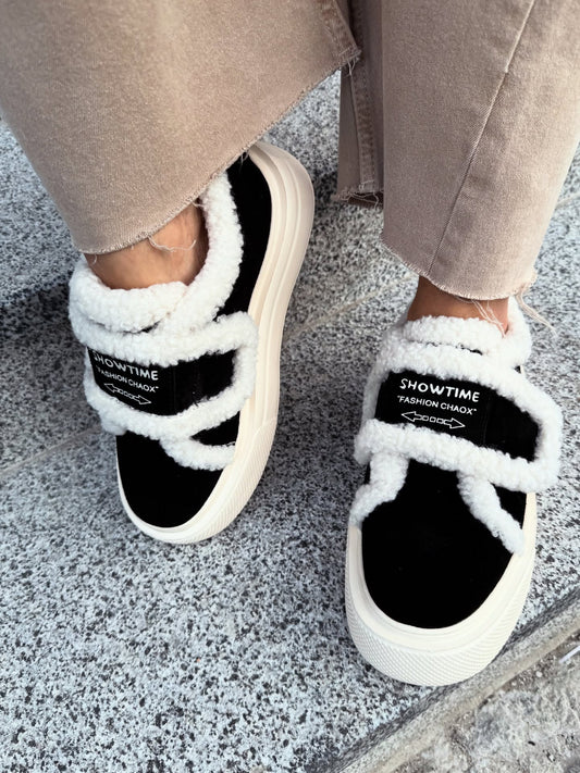 Black-and-White Fur-Trim Platform Slip-Ons