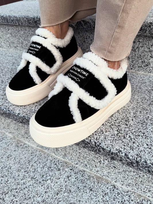 Black-and-White Fur-Trim Platform Slip-Ons