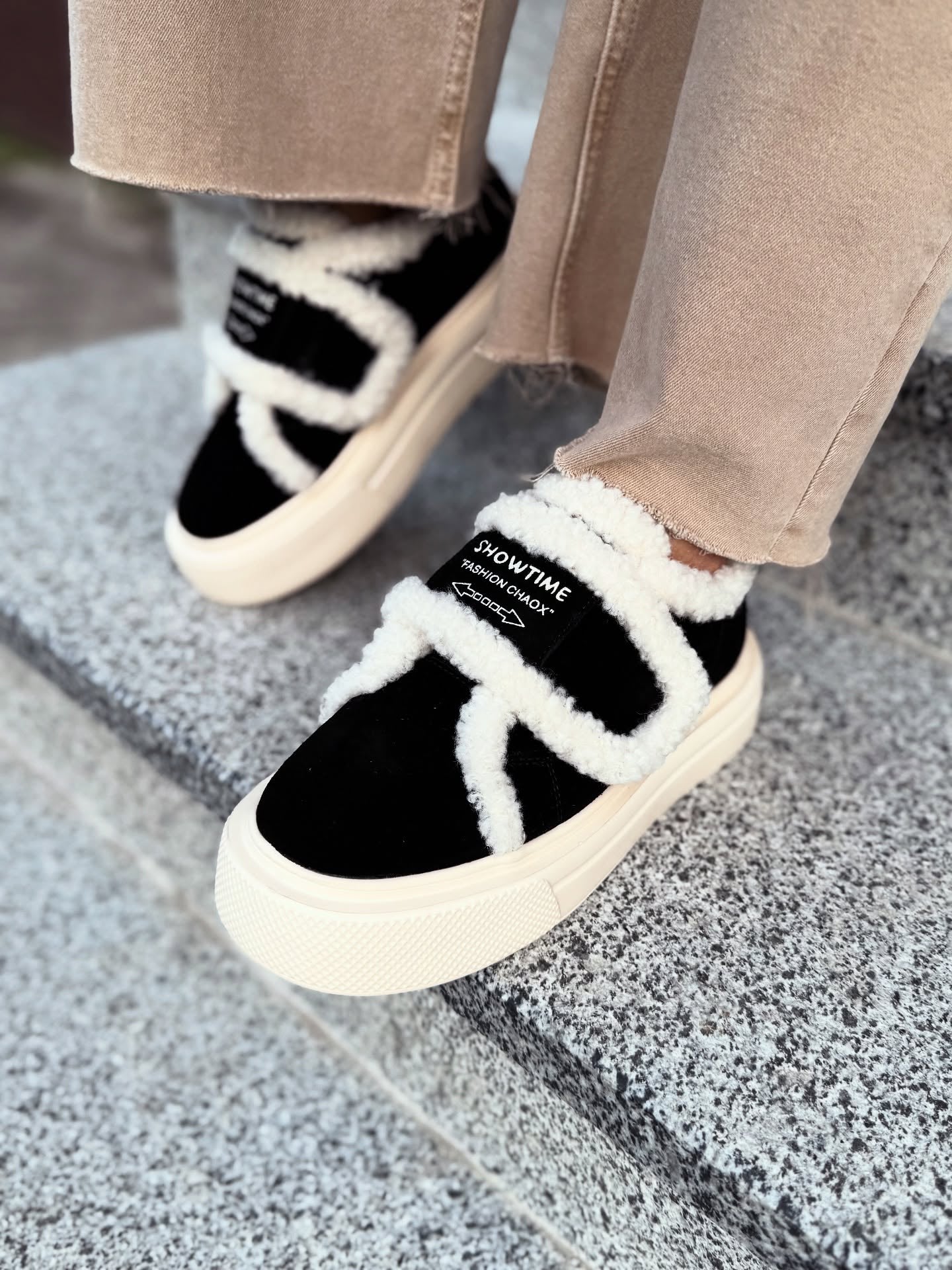 Black-and-White Fur-Trim Platform Slip-Ons