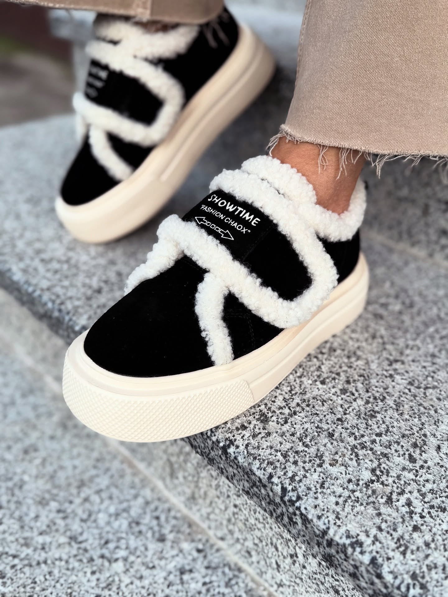 Black-and-White Fur-Trim Platform Slip-Ons