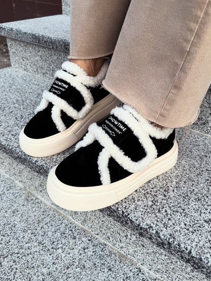 Black-and-White Fur-Trim Platform Slip-Ons