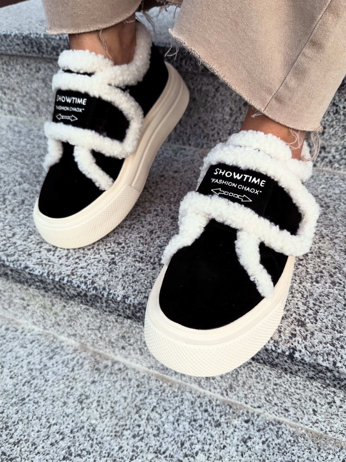 Black-and-White Fur-Trim Platform Slip-Ons