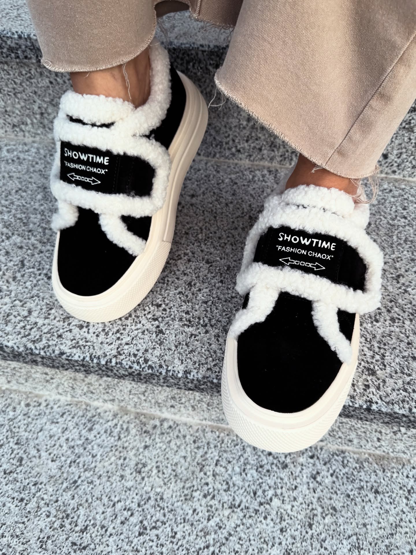 Black-and-White Fur-Trim Platform Slip-Ons