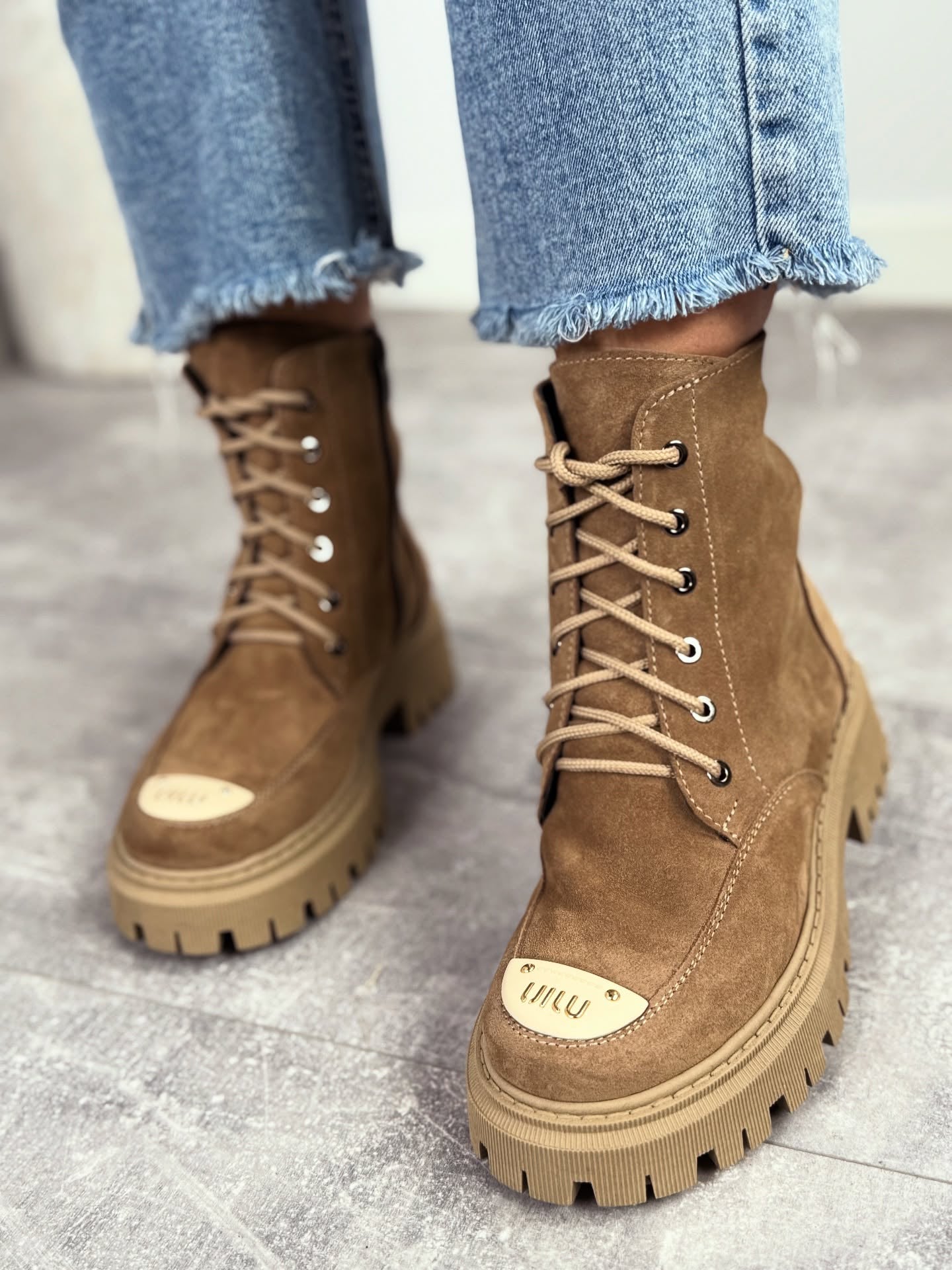 Suede Combat Boots With Thick Lug Sole