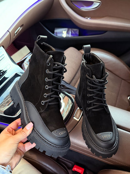 Suede Combat Boots With Thick Lug Sole