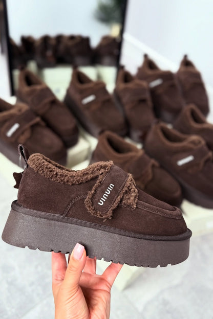 Brown Fur-Lurge Platform Slip-Ons