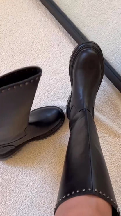 Black Studded Knee-High Boots With Lug Sole