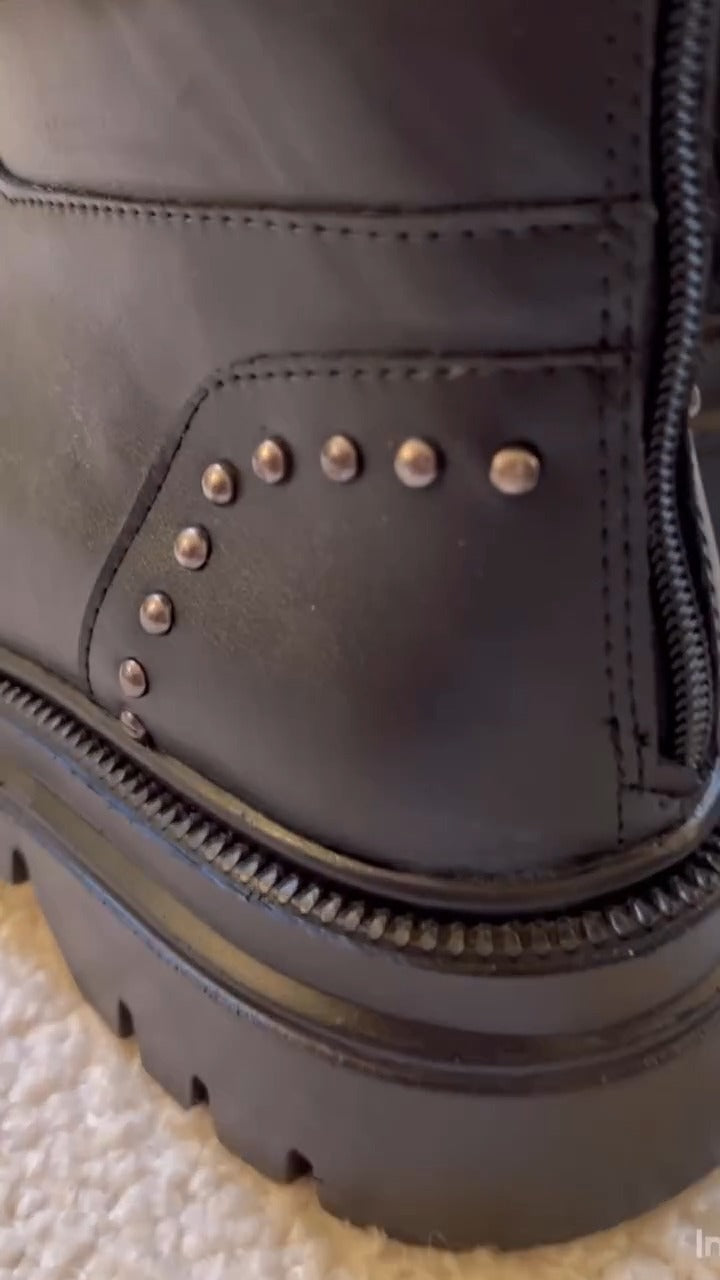 Black Studded Knee-High Boots With Lug Sole