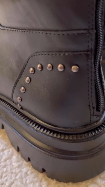 Black Studded Knee-High Boots With Lug Sole