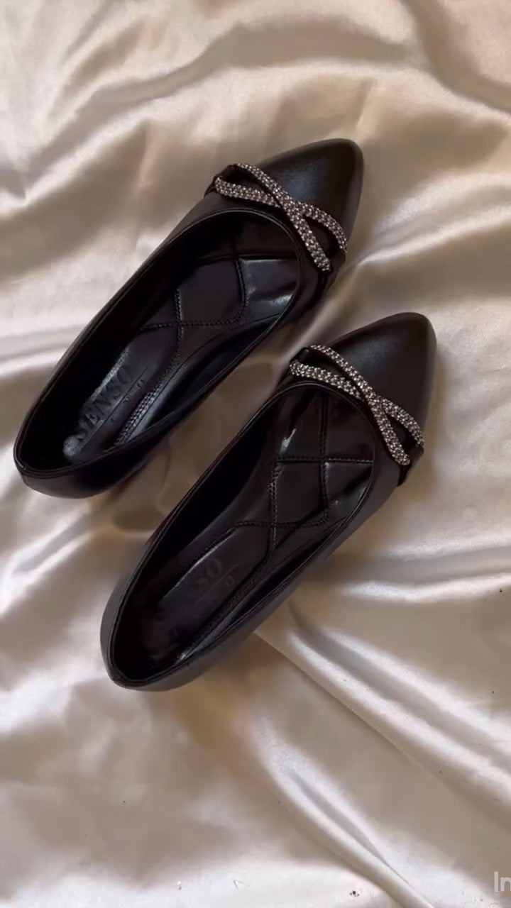 Black Patent Flats With Crystal Bow Accent