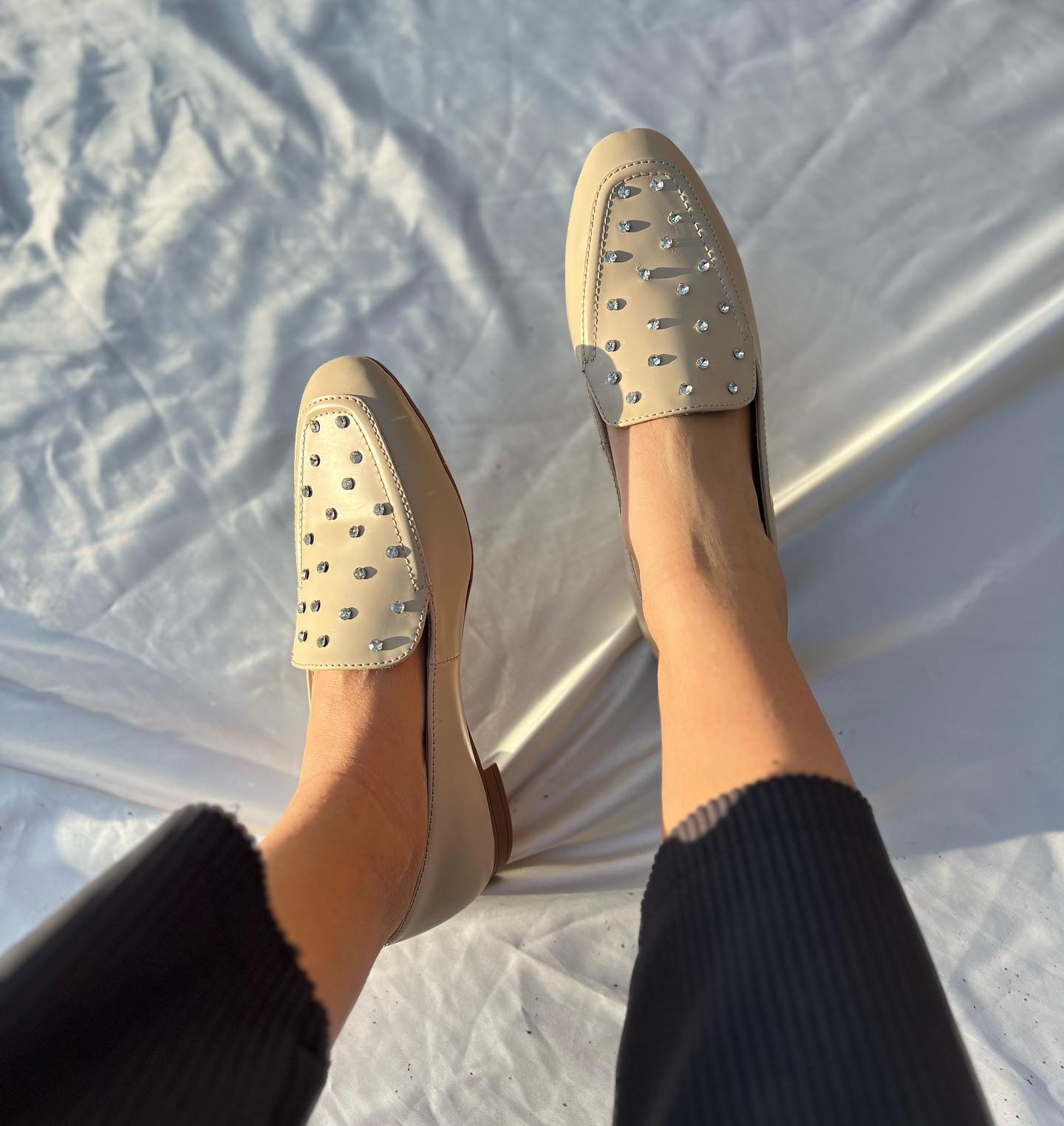 Studded Slip-On Loafers With Crystal Embellishments
